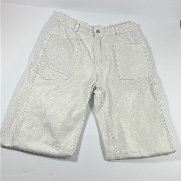Miss Love Metalic Shimmer White and Silver Cropped Wide Leg Jeans Sz L - Picture 1 of 10